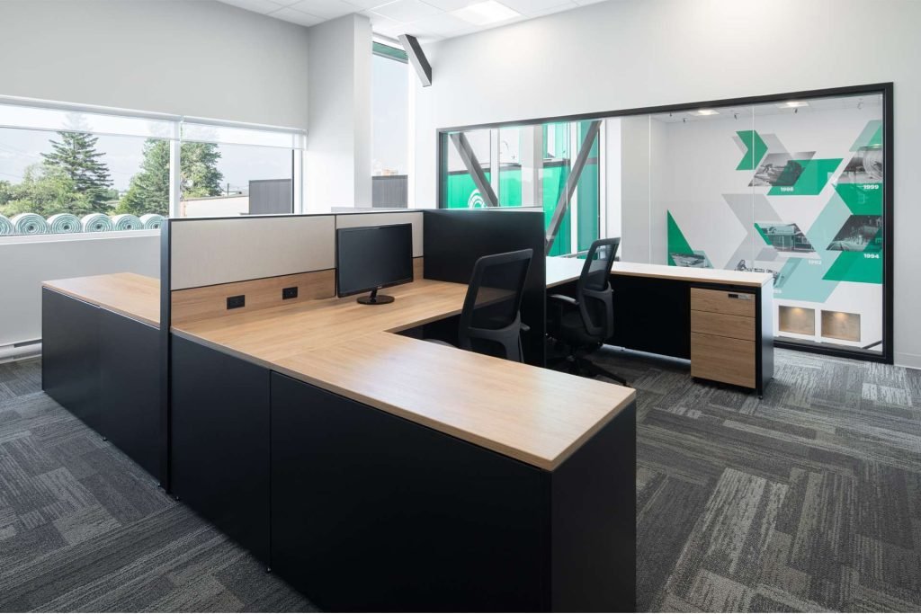 L Shape Desks Black and Light Laminate