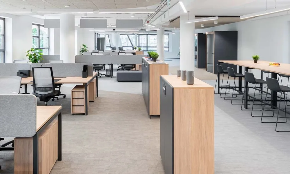 Affordable Open Plan Office Desks Storage and High Table Barstools