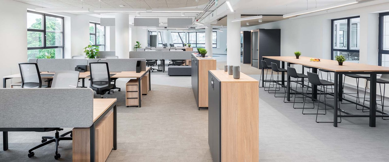 Affordable Open Plan Office Desks Storage and High Table Barstools