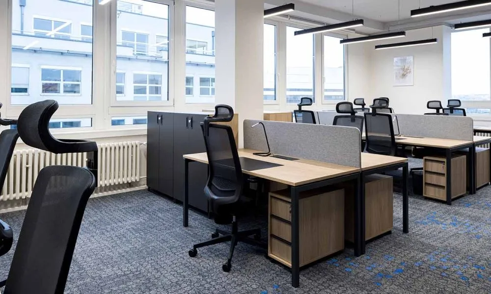 Office Furniture Open Plan Desks Storage Black and Light Laminate