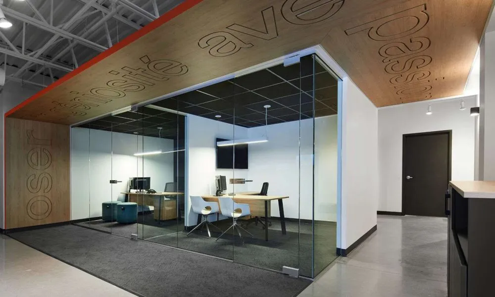 Private Glass Offices With L Shape Desk and Chairs