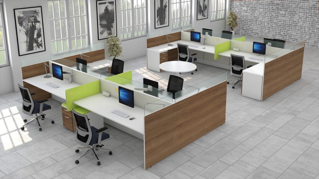 Office cubicles with laminate panels and chairs