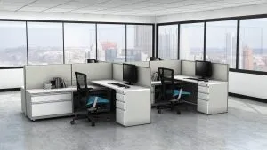 2 cubicles with desks and chairs 2 cubicles with desks and chairs