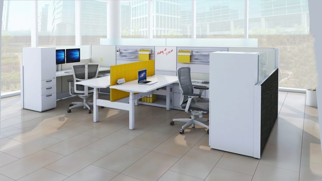 Office cubicle with electric desks and chairs