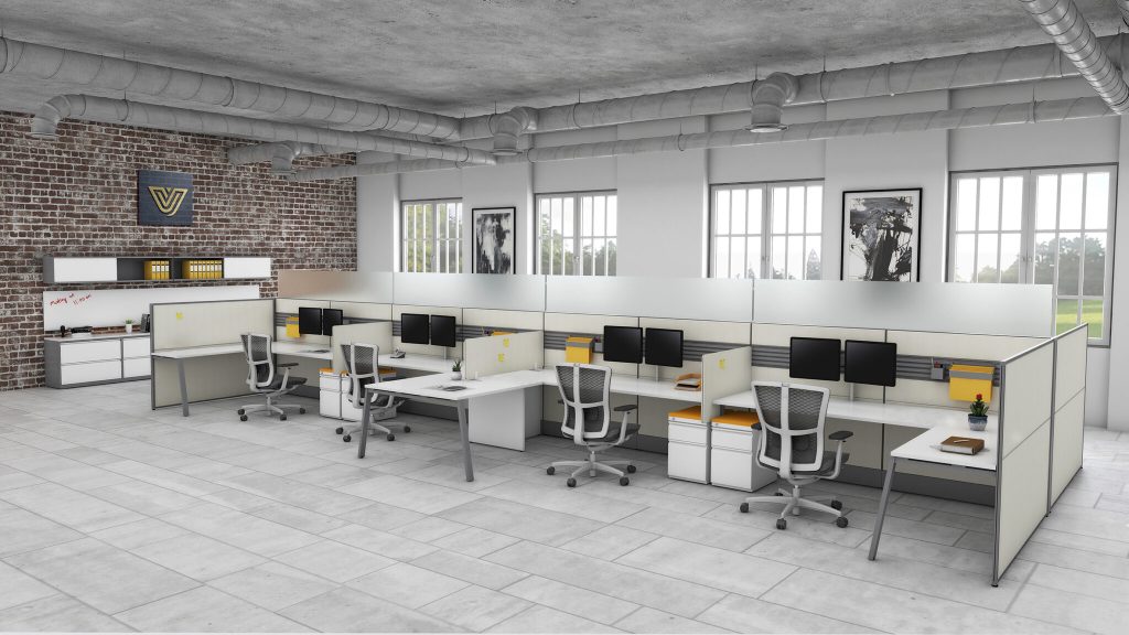 Open Plan Office Desks and Chairs with Brick Wall